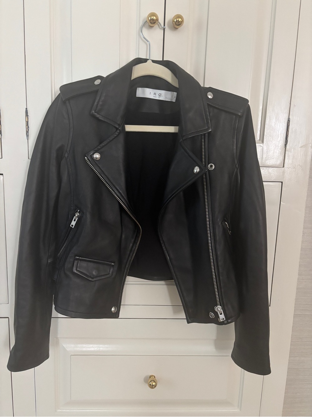 IRO Paris Black Leather Asheville cropped Moto Jacket